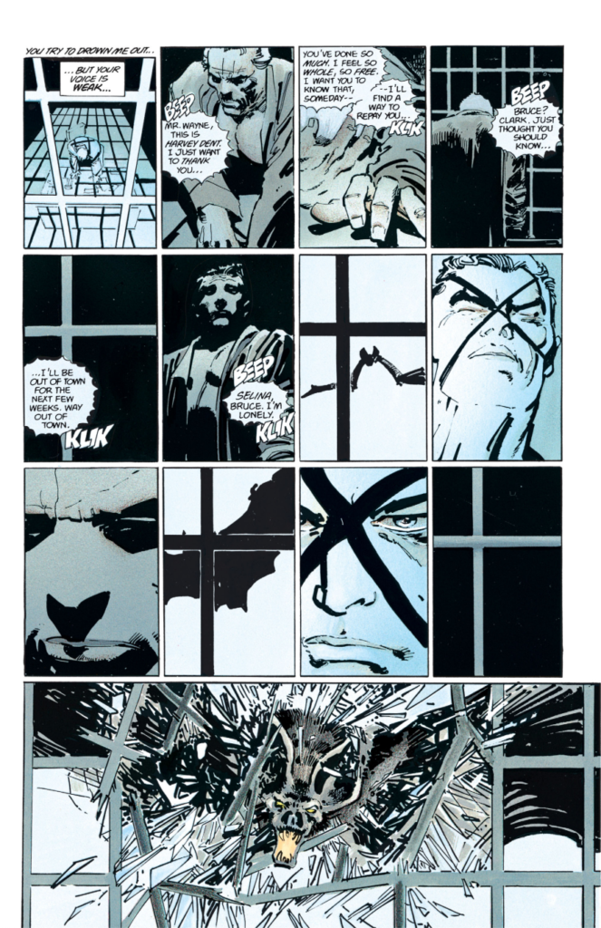 A page from The Dark Knight Returns showing Bruce Wayne looking out a window as a bat flys through it. 