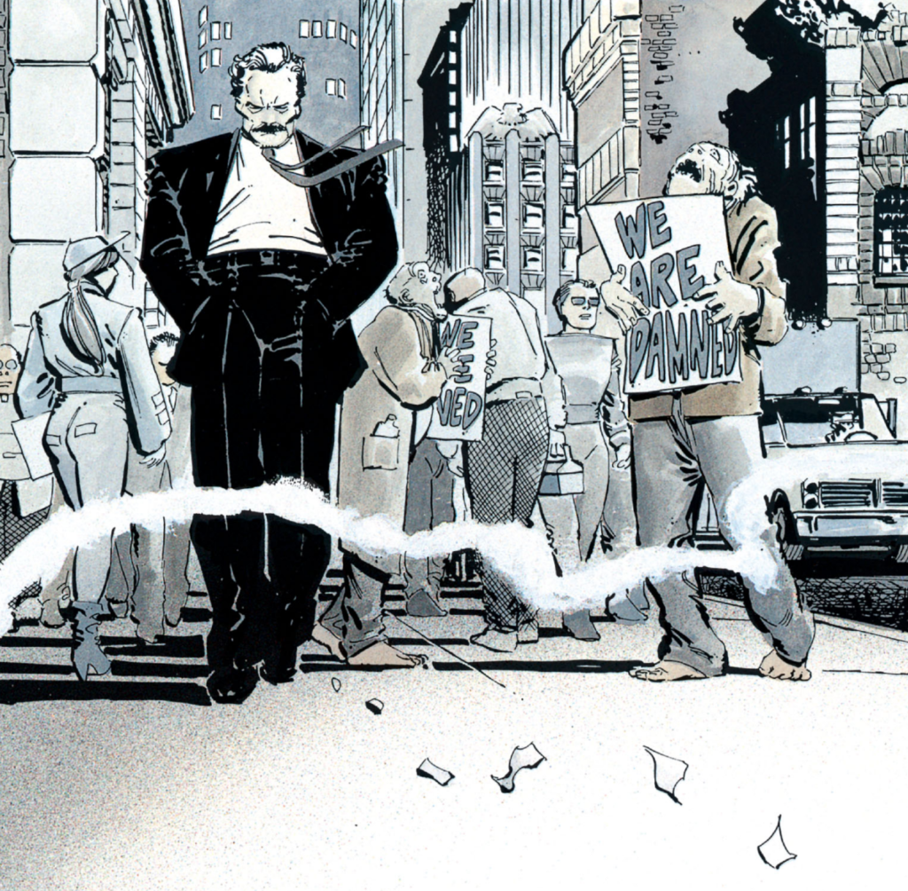 The image depicts a striking street scene from Frank Miller's "The Dark Knight Returns". It shows an older, grizzled Bruce Wayne, out of costume, standing imposingly in the center while a group of people gather around him holding protest signs reading "We are damned".