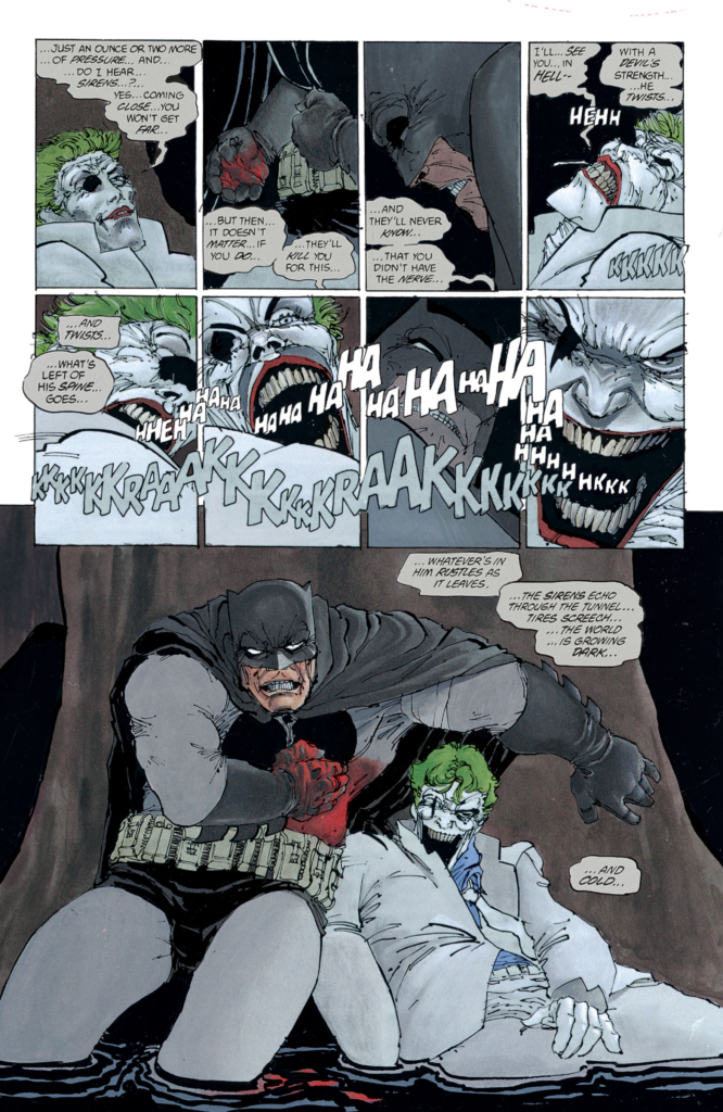 The image depicts a dramatic confrontation between Batman and the Joker, with a panicked elderly man caught in the middle. The dialogue is tense, with the Joker laughing maniacally and saying "HA HA HA HA HA" while Batman brutally throttles him. The panels end on a cliffhanger, cutting away from the action and leaving the fate of the characters uncertain with the captions "And then..." and "...it leaves."