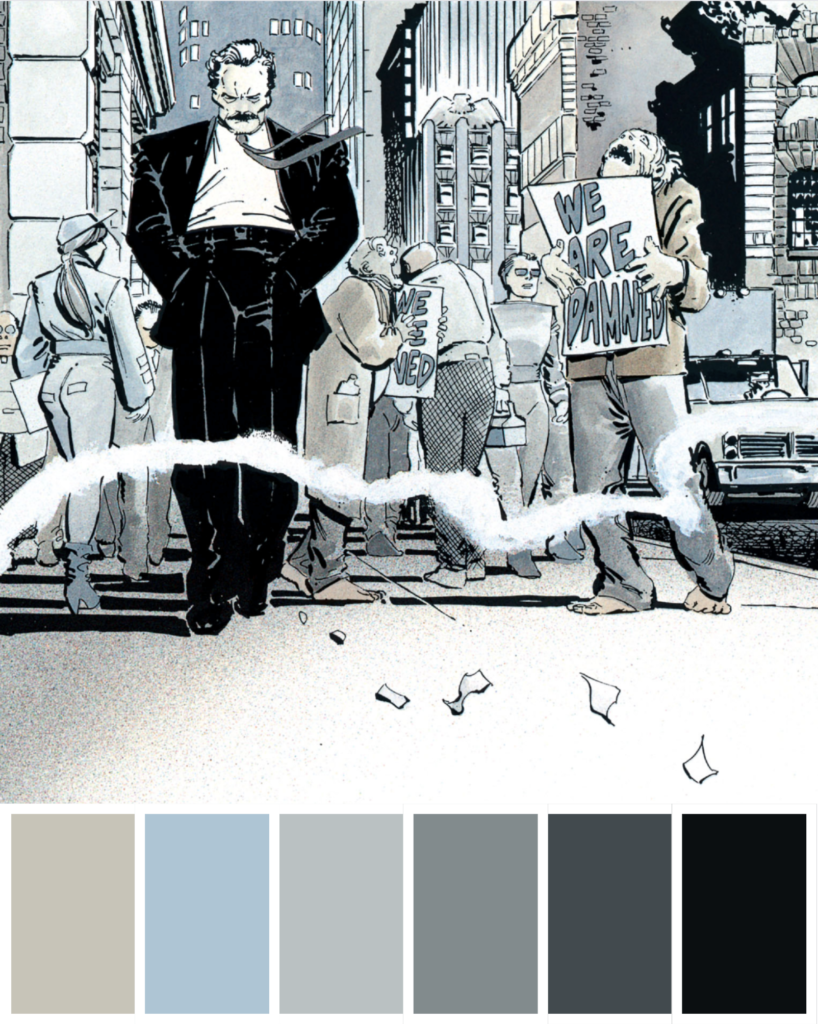 The image shows a black and white comic book panel with three middle-aged to elderly men on a city street talking to each other amid signs saying "We are damned". The color palette below suggests the mood could range from light blues to serious grays and blacks.