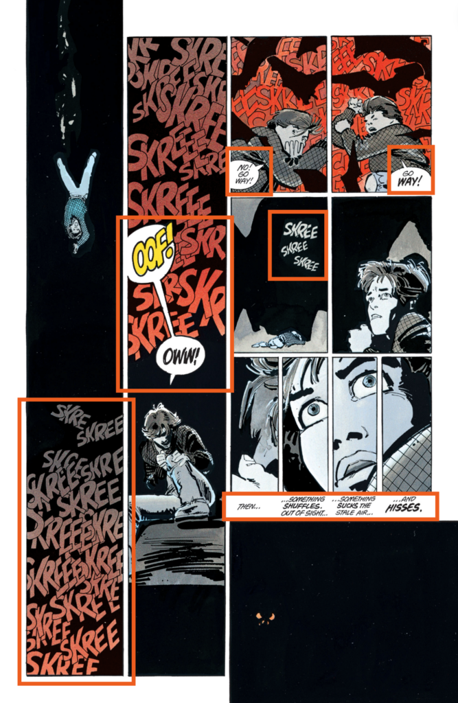 The image shows various black and white comic book panels featuring close-up character shots with expressive lettering for dialogue and sound effects. The dialogue lettering uses a stylized, italic font that feels frenetic and unsettling, matching the anguished expressions of the characters. Sound effects like "SKREE" are integrated directly into the art in a grungy, hand-drawn style.