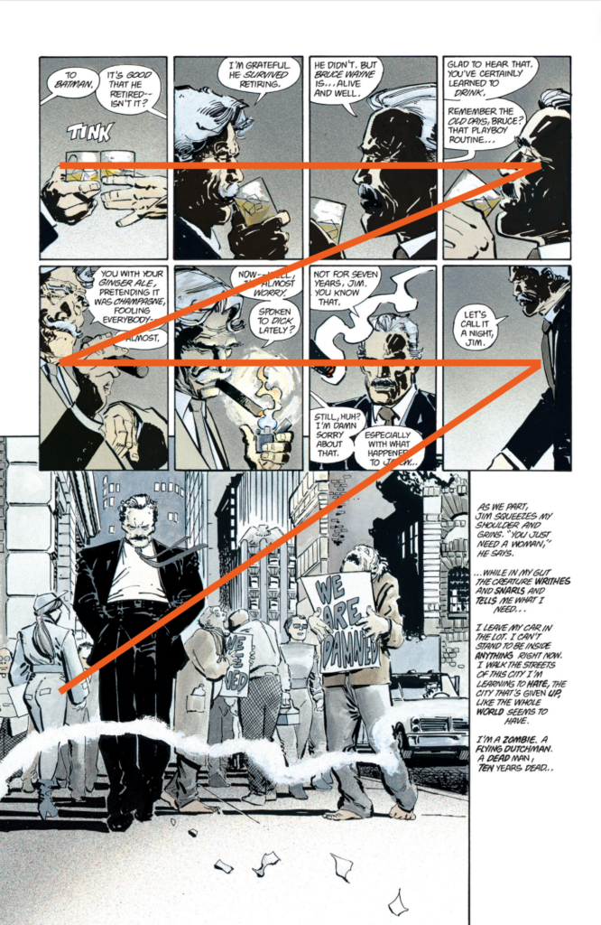 The image demonstrates a dynamic and purposeful panel layout from "The Dark Knight Returns". The arrangement of panels creates a clear narrative flow while also enhancing the emotional impact of Bruce Wayne's psychological transformation and return as Batman.
